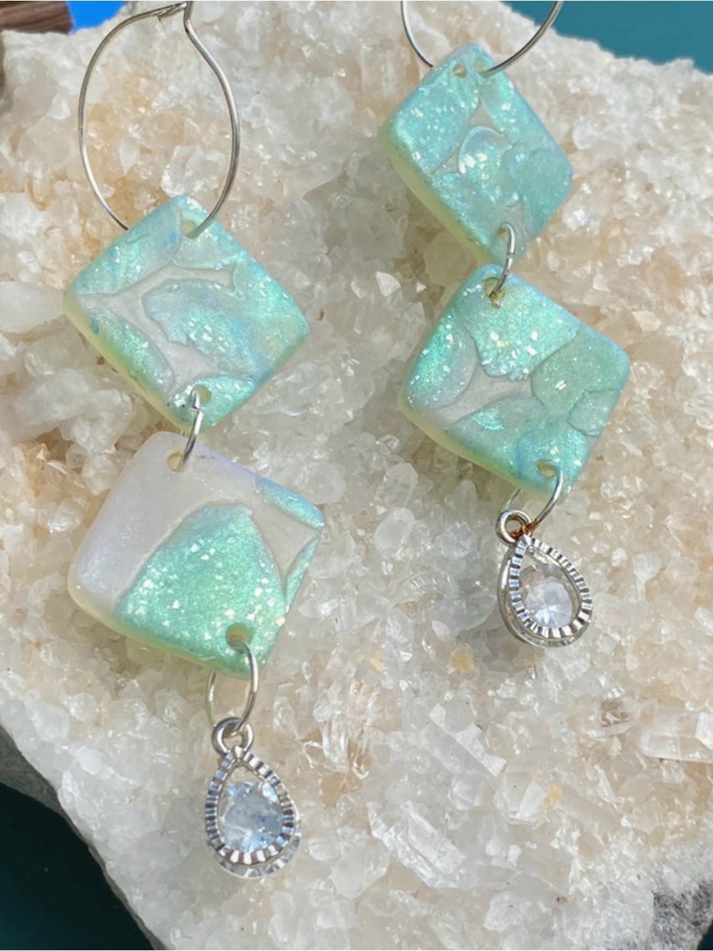 Handmade Polymer Clay Mint Green Dangle Earrings with Teardrop Charm - Picture 1 of 4